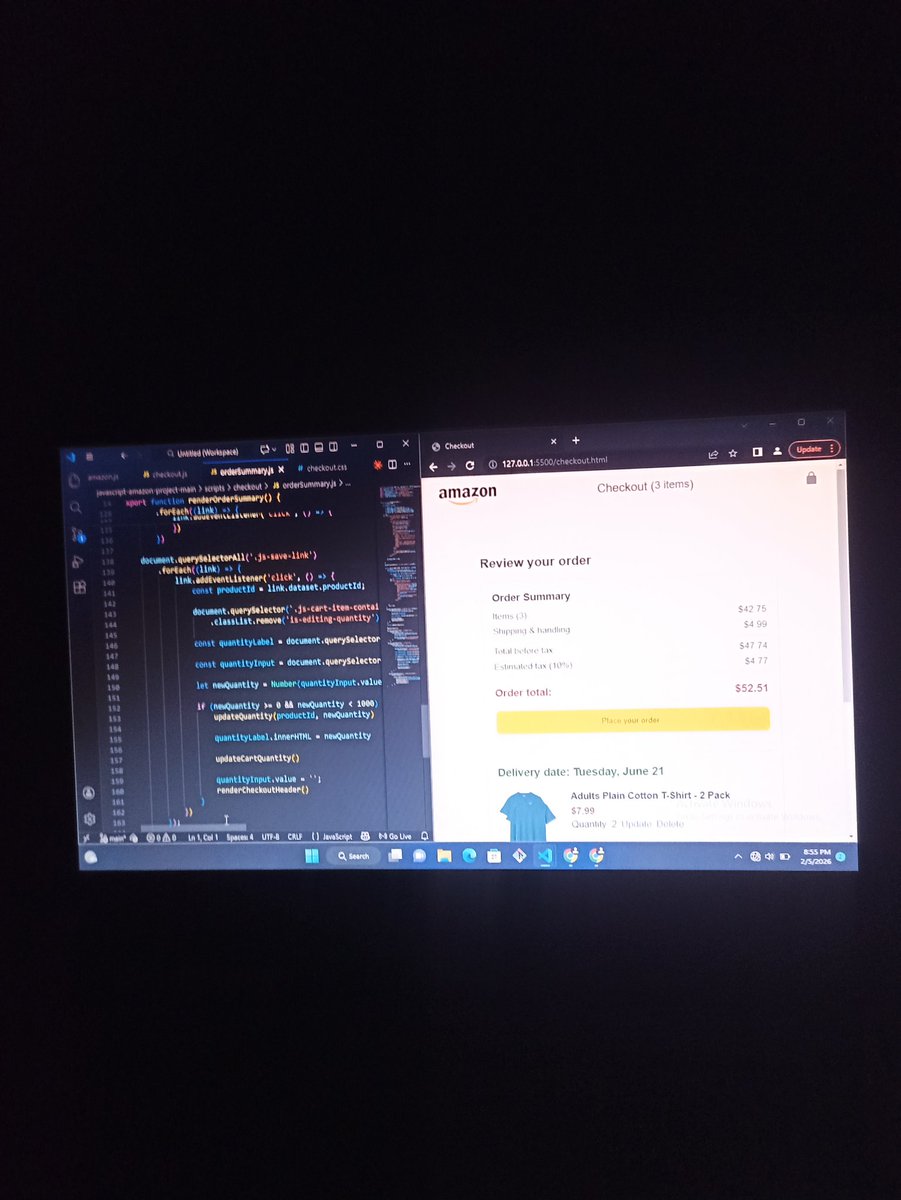 joshuathewebdev's tweet photo. Day 2 of building my Amazon clone 
Using just HTML CSS and JavaScript.
My head 🤣

Save the data
Generate the HTML 
now to make it interactive 🤝 https://t.co/BAFhcfX6gM