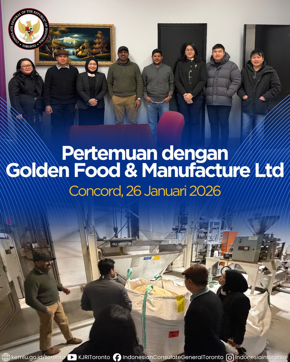 INAinToronto's tweet photo. On Jan 26, 2026, the Indonesian Consulate General in Toronto, with the Trade Attaché KBRI Ottawa &amp; ITPC Vancouver, met the President of Golden Food &amp; Manufacture Ltd. to explore agri-food collaboration and B2B opportunities with Indonesian exporters. 🇮🇩🇨🇦 #IniDiplomasi #Kemlu_RI https://t.co/z06QGF3E27