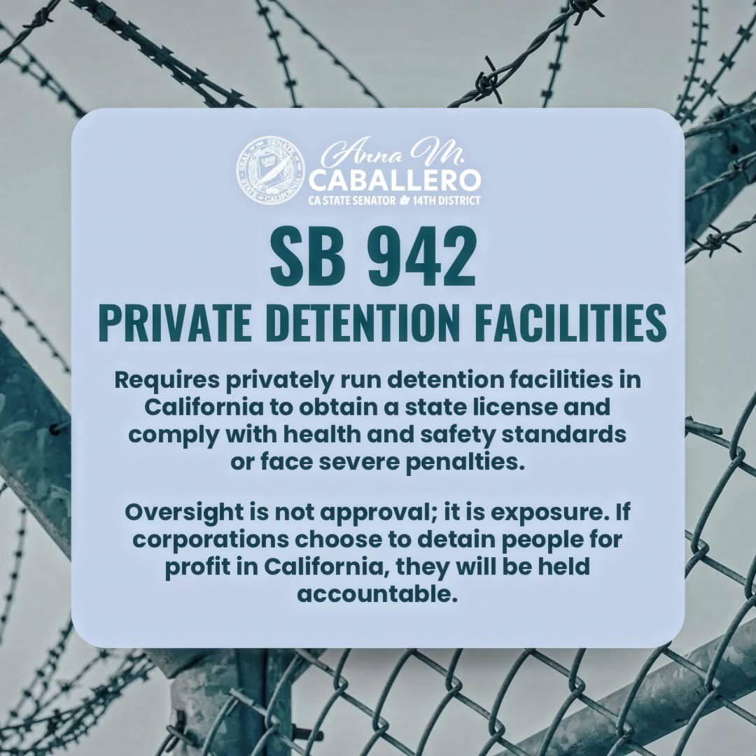 CASenCaballero's tweet photo. I introduced Senate Bill 942 to hold for-profit detention centers accountable when they endanger human life. My bill is not an endorsement of detention. It is a refusal to let corporations profit from human suffering.

Read More Here: https://t.co/6P0C4NhNNR https://t.co/I49FaNn3lN