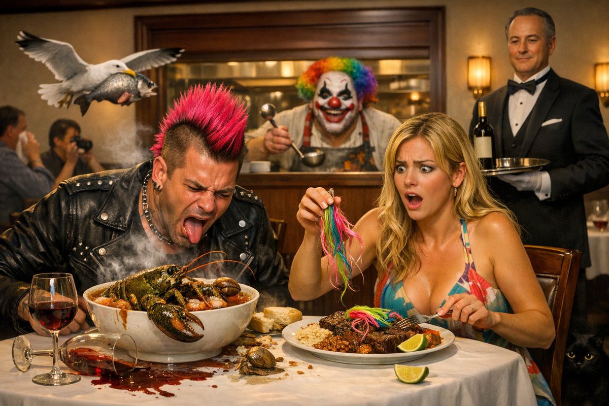 garygeo's tweet photo. Working on a massive content update for Absurd Scene Spanish. 🇪🇸

Building in public: Decided on these new scenes today to help make vocabulary un-forgettable. If you can’t remember 'el payaso' (the clown) or 'la langosta' (the lobster) after this restaurant scene, I don’t know what to tell you. 🤡🦞

Updates coming soon. #AIArt #SpanishLearning