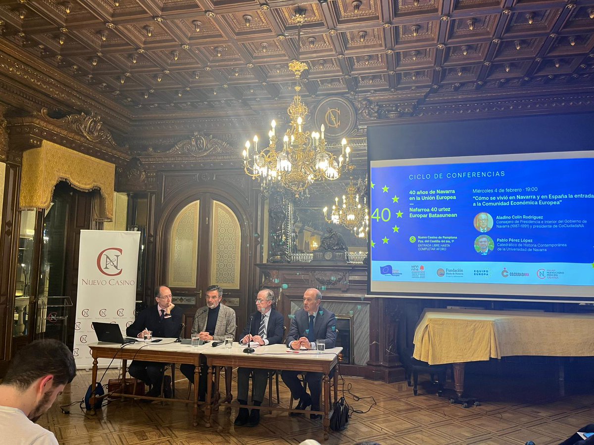 Ayer comenzó el ciclo de conferencias "40 años de Navarra en la Unión Europea". 

Contamos con Pablo Pérez y Aladino Colín para hablar de cómo se vivió en Navarra y en España la incorporación a la CEE en 1986. 

🇪🇺 Gracias a las más de 100 personas que nos acompañasteis.
