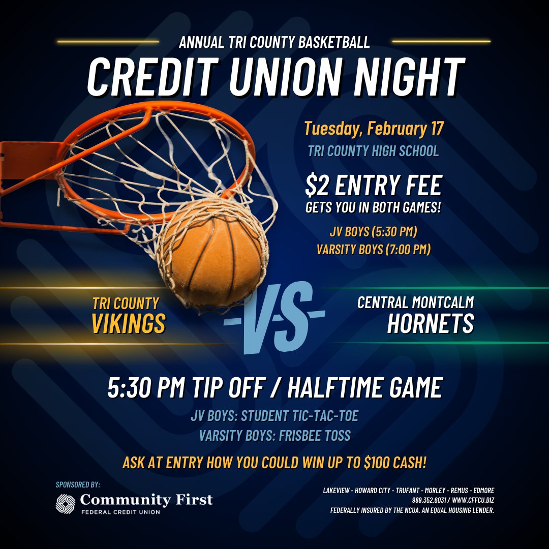 ComFirstFCU's tweet photo. 🏀 Come Cheer on the Tri County Vikings!
Join us as the Vikings take on the Central Montcalm Hornets on Tuesday, February 17th at Tri County High School!

🎟 Special Offer: Community First is covering part of your entry fee—your cost is ONLY $2 for BOTH games! https://t.co/V5s4KG7vNf