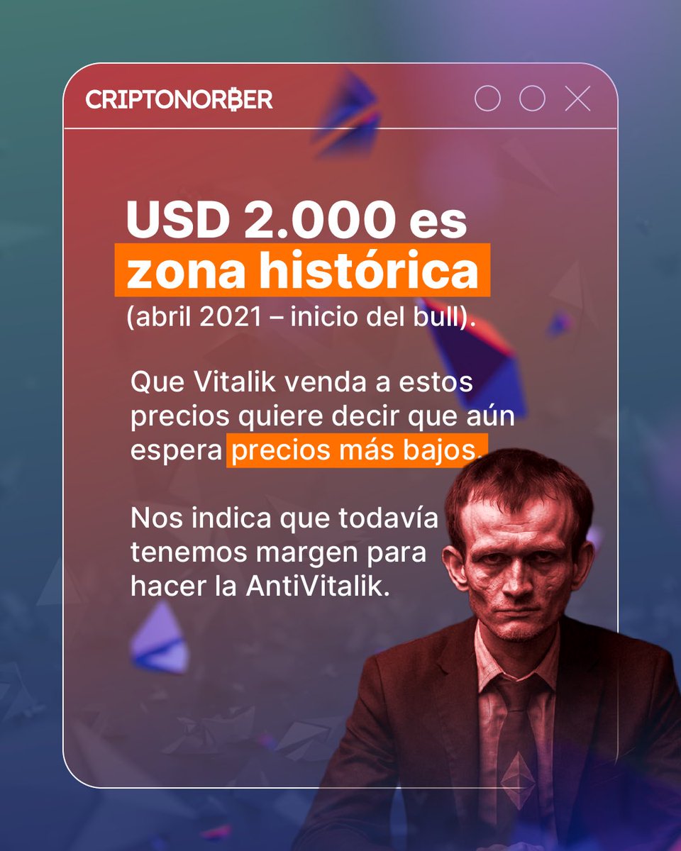 Criptonorber's tweet photo. Vitalik vendiendo su propia moneda. Podría ser que se dio cuenta que la verdadera estrategia en este Bear Market es la AntiVitalik… 🩸🔥
y vos, ¿aún tenés Ethereum en tu portafolio? 👀
#antivitalik #ᴇᴛʜᴇʀᴇᴜᴍ #shorttrading #bearmarket #eth https://t.co/dEMb6Vl8b4