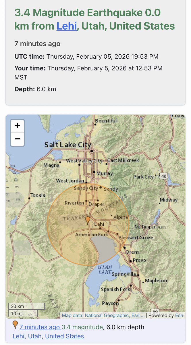SLCScanner's tweet photo. #Earthquake #Lehi 3.4 Magnitude Earthquake 0.0 km from Lehi, Utah,
7 minutes ago. 

Did you feel it??? https://t.co/FRhD9vtuAD