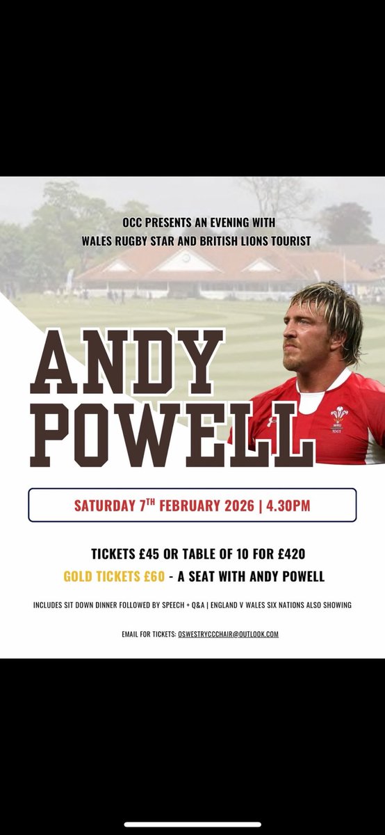 OswestryCC's tweet photo. The Six Nations kicks off tonight so start to check your plans for the big game this Saturday! Come and enjoy the game with Wales and British Lion @andypowell8! Drink on arrival, watch the game, dinner and then some tales from the man himself! #SixNationsRugby #oswestry https://t.co/qrdW1DItfp
