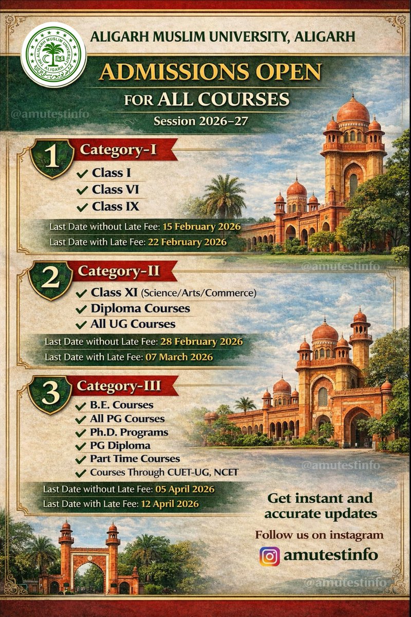 amutestinfo's tweet photo. AMU Admissions 2026–27  |  NOW OPEN

From school admissions to UG, PG, Diploma, PG Diploma and Ph.D. programs etc.

Follow us on instagram @amutestinfo

Note: For more information visit official website https://t.co/gQ8MmEsUco https://t.co/HmBwXIFhkN