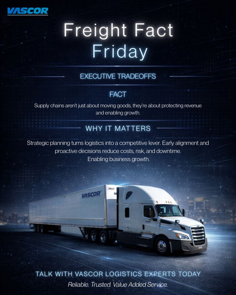 VASCORLogistics's tweet photo. At VASCOR, we help shippers see tradeoffs early and design logistics strategies that actually work. The strongest leaders plan around choices — not perfection.

Re-evaluating your network this year? Connect with an expert 👉 https://t.co/NUS9ioR8Fo
#VASCOR #SupplyChainStrategy https://t.co/Qao0XYc0zt