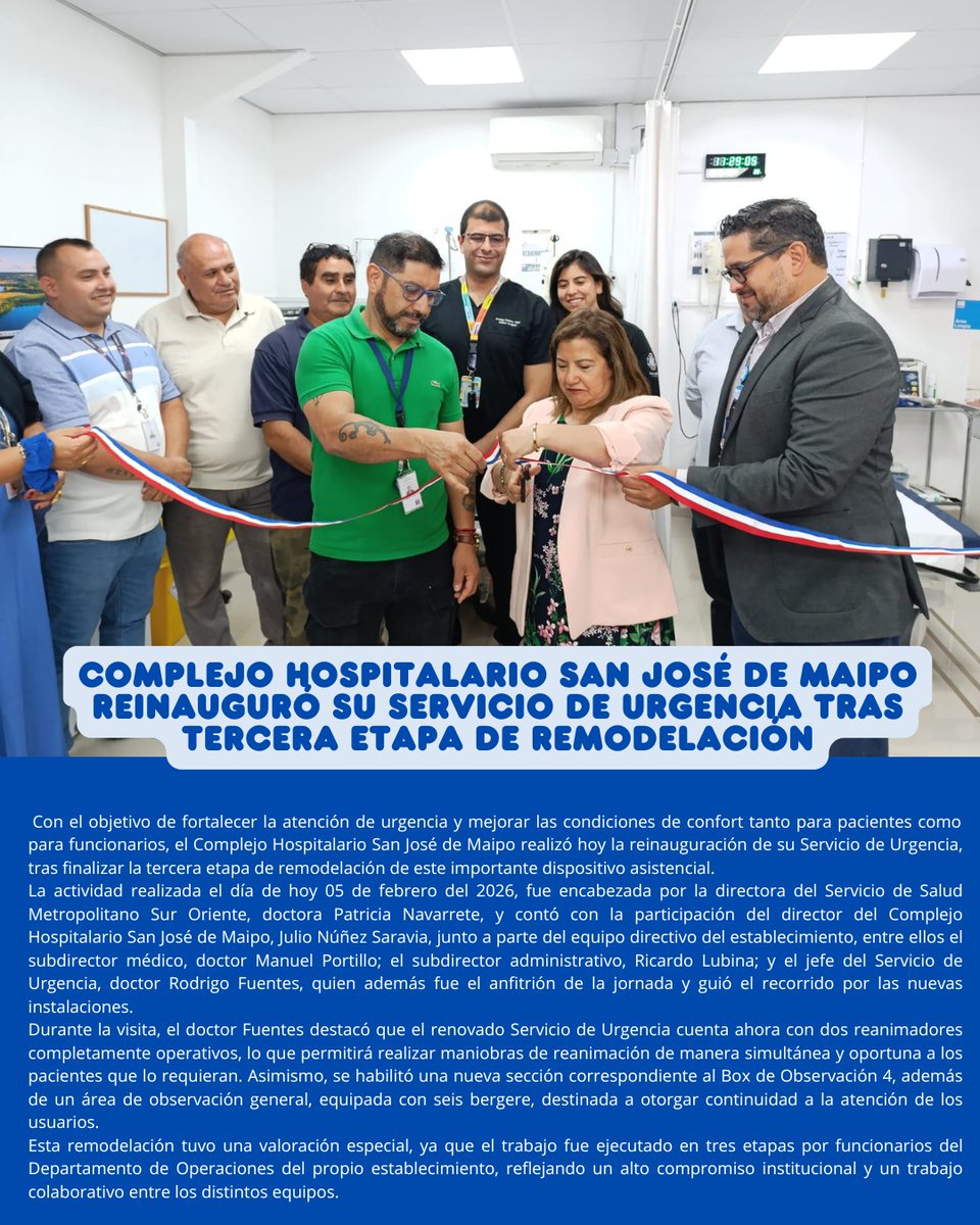 🏥✨ Reinauguración Servicio de Urgencia – CHSJM  hoy 5 de febrero  tras finalizar la tercera etapa de remodelación, con el objetivo de fortalecer la atención y mejorar las condiciones de confort para pacientes y funcionarios.