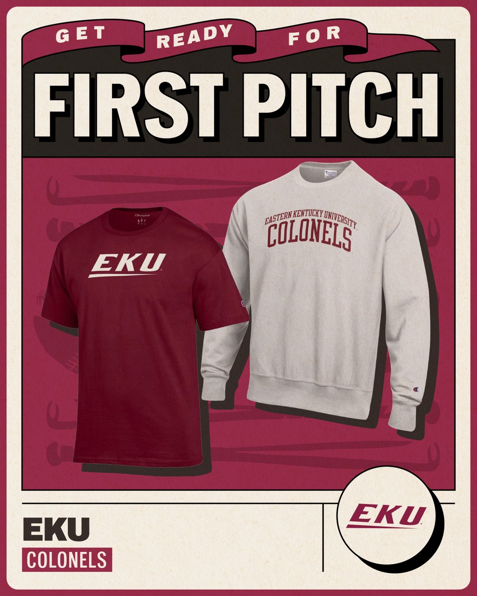 eku's tweet photo. Celebrate the start of baseball and softball season in style! We want to see #ColonelNation repping maroon in the stands, so be sure to head to https://t.co/wJRu6Z71E6 for all the finest #EKU gear. ⚾️☄️🥎 #GoBigE https://t.co/zEOL01zkaP