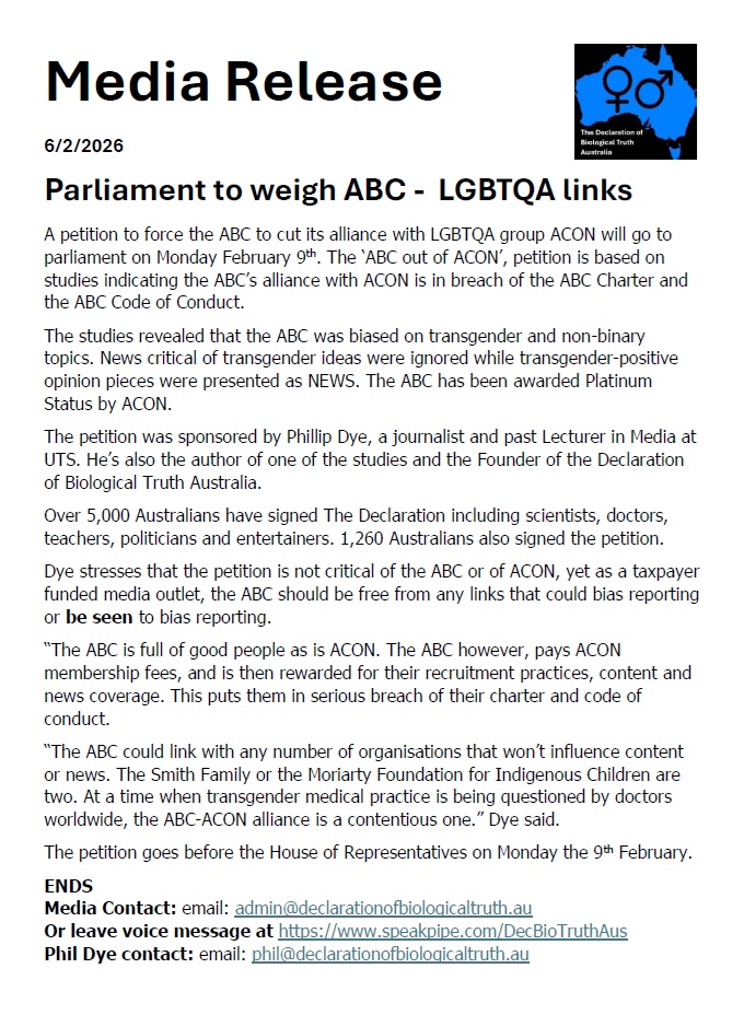 MEDIA RELEASE sent to all Australian news media this morning.