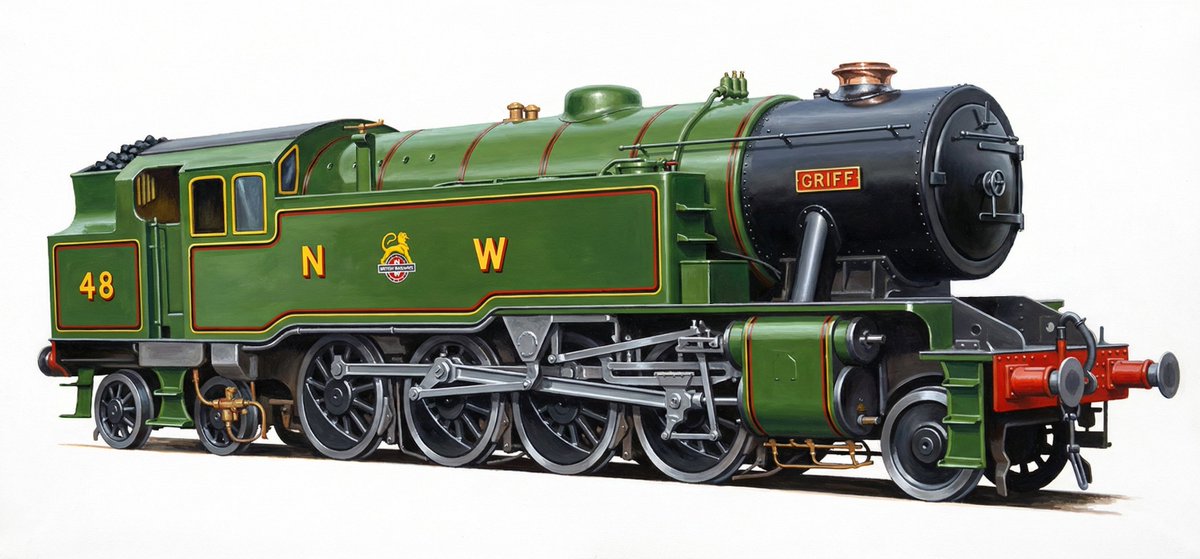 Another OC loco, NWR #48 'Griff' - a Riddles Austerity 2-8-0T rebuilt c.1950 as a tank engine, for banking duties on Gordon's Hill and heavy mineral traffic (china clay) on the Brendam Branch. Created using Techsoft, Deep AI and MS Paint. #sodor #ttte #railwayseries #rws #awdry