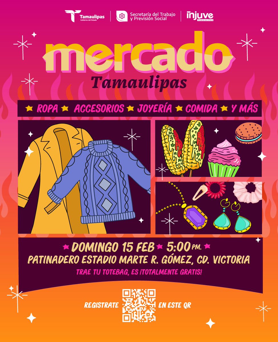 ¡Emprender no solo es crear un negocio, es creer en ti y en tu talento!✨

Nos vemos este domingo 15 de febrero en el Patinadero del Estadio Marte R. Gómez, en nuestro MERCADO TAMAULIPAS 💥 REGISTRATE PARA PARTICIPAR EN NUESTRO QR.👇🏼

#injuvetamps
#tamaulipassetransforma