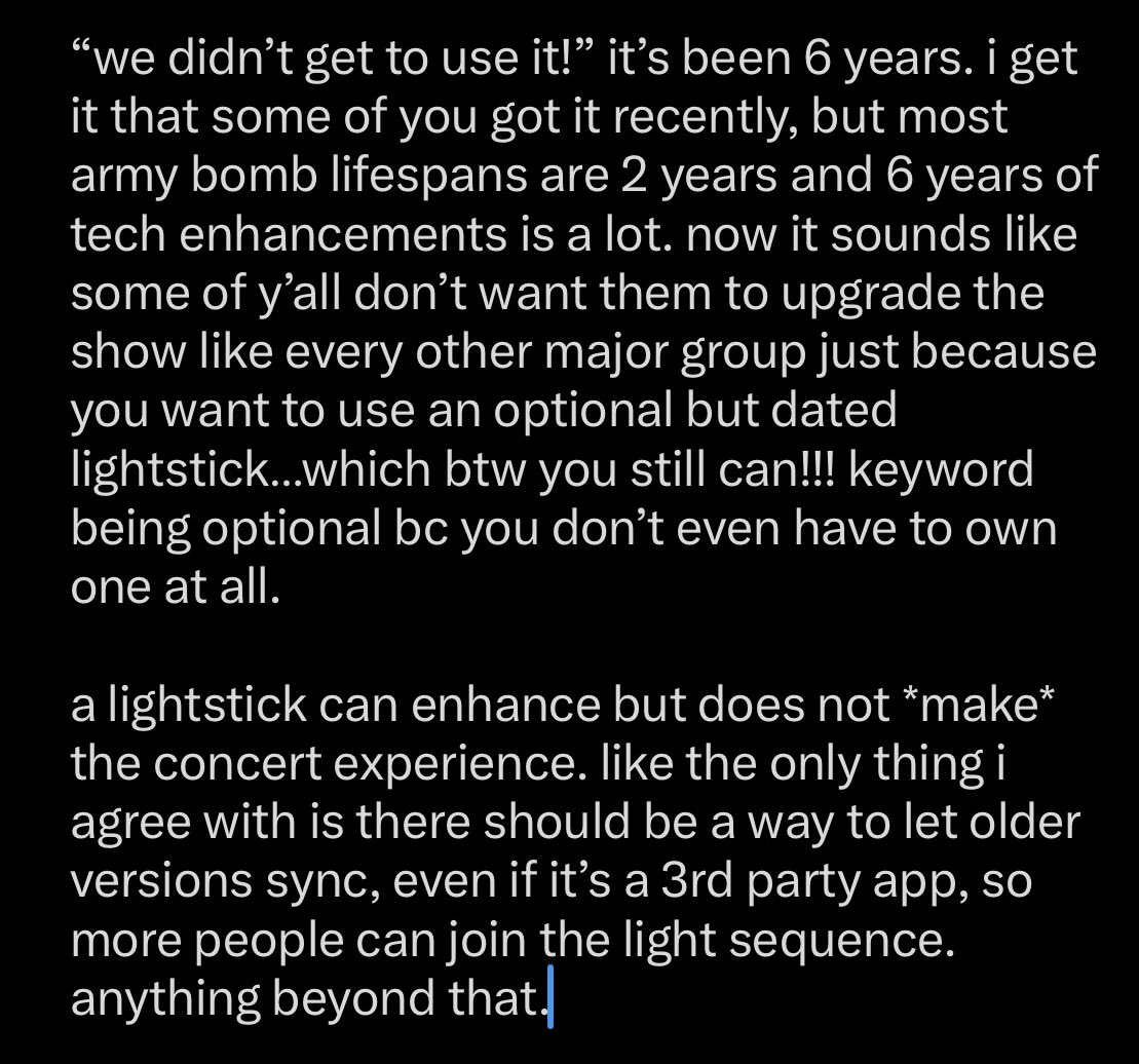 y00ngipurrs's tweet photo. guys, this discourse is getting out of hand. you don’t have to like that older lightsticks won’t sync forever, fine, but the last version had the *longest* run of any army bomb and it’s not bts’ or hybe’s fault mots tour got cancelled. https://t.co/tTIYNMI9tW