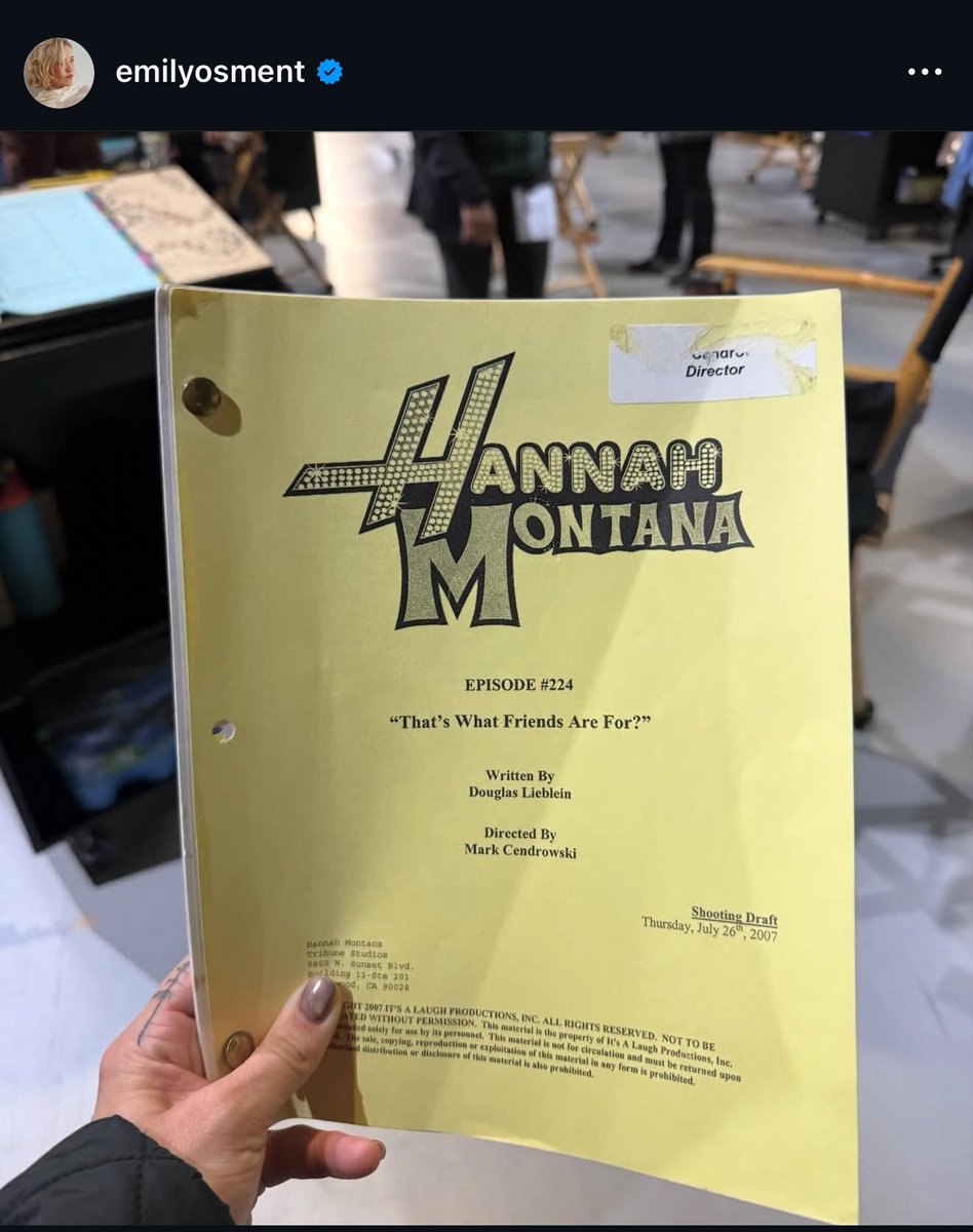 📲 Emily Osment via IG:
“On the heels of our Hannah Montana 20 year milestone, our beloved Georgie and Mandy's First Marriage director Mark Cendrowski brought in his old copy of an HM episode this morning.“

Can’t wait for Hannahversary!