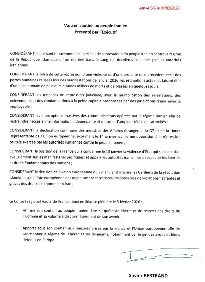 En séance plénière aujourd’hui, les élus de la Région <a href="/hautsdefrance/">Région Hauts-de-France</a> ont affirmé leur soutien au peuple Iranien qui se bat pour sa liberté. 

Nous soutenons toutes les mesures prises par la France et l’Union Européenne pour sanctionner le régime de Téhéran.