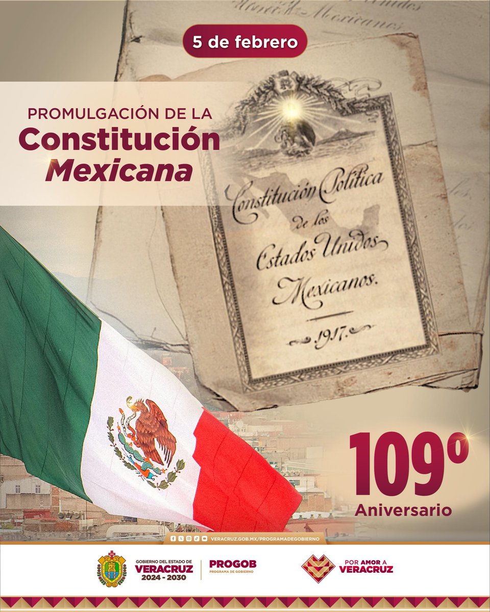 📜 Hoy conmemoramos el 109 Aniversario de la Promulgación de la Constitución Política de los Estados Unidos Mexicanos, Carta Magna que es la base de nuestros derechos, libertades y convivencia como sociedad.

#PorAmorAVeracruz. ❤️