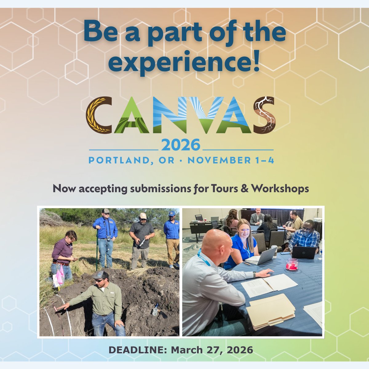 ASA_CSSA_SSSA's tweet photo. Join #CANVAS26! Submit your Tours & Workshops proposal for hands-on & interactive experiences by March 27, 2026: https://t.co/IZQM8jZK0Z #AppliedLearning #Workshops #Tours #InnovationInAction #HandsOnExperience #EnvironmentalEducation #AgScience #SoilScience https://t.co/BO0lUZEc95
