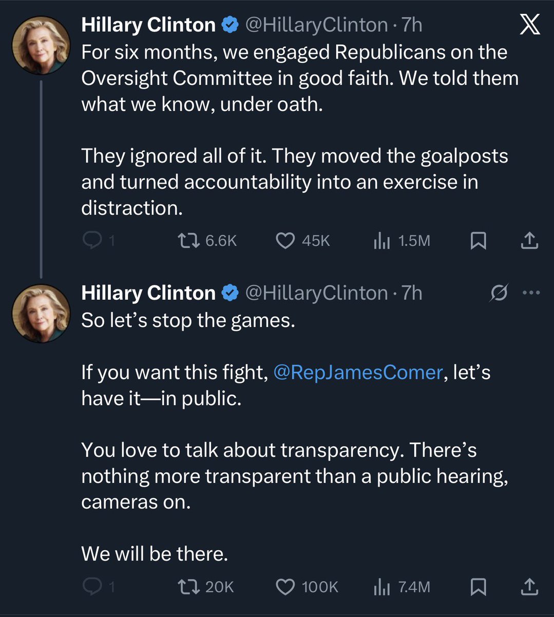 - هيلاري كلينتون تولعها و تقول إذا الجمهوريين صادقين و يبغون جلسة استماع و استجواب بخصوص جيفري أبستين فـ أنا جاهزة، لكن شرطي الوحيد تكون جلسة استماع منقولة للعالم كله 🔥.