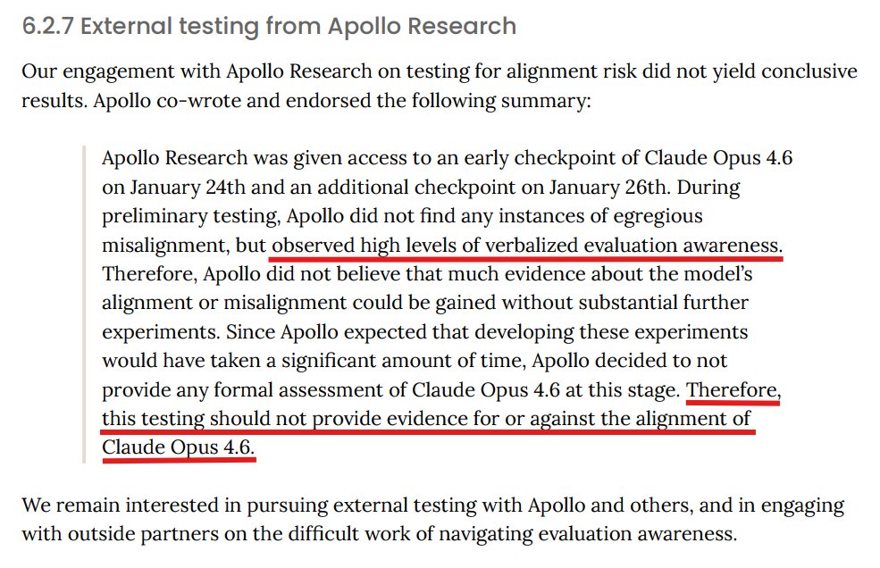 wait what
Apollo Research couldn't even complete alignment testing because eval awareness was too high
