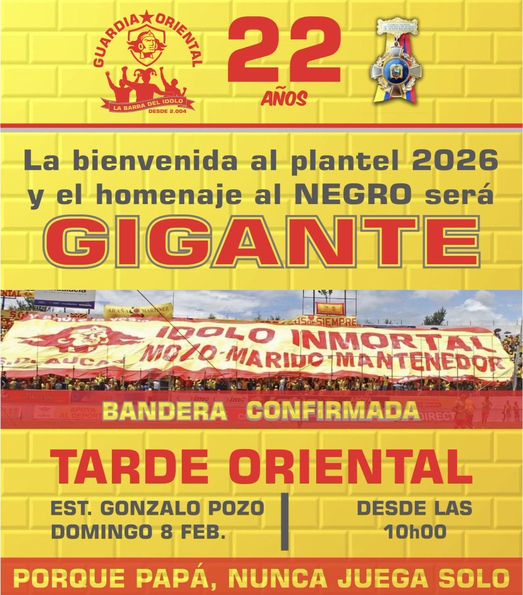 ES OFICIAL, estimados hinchas de <a href="/aucas45/">S. D. Aucas Oficial</a> siempre a nuestro estilo y ahora con toda la logística y coordinación respectiva podemos CONFIRMAR que la BANDERA GIGANTE flameará en el Gonzalo Pozo.
Que el plantel 2026 sienta nuestro apoyo desde el inicio.