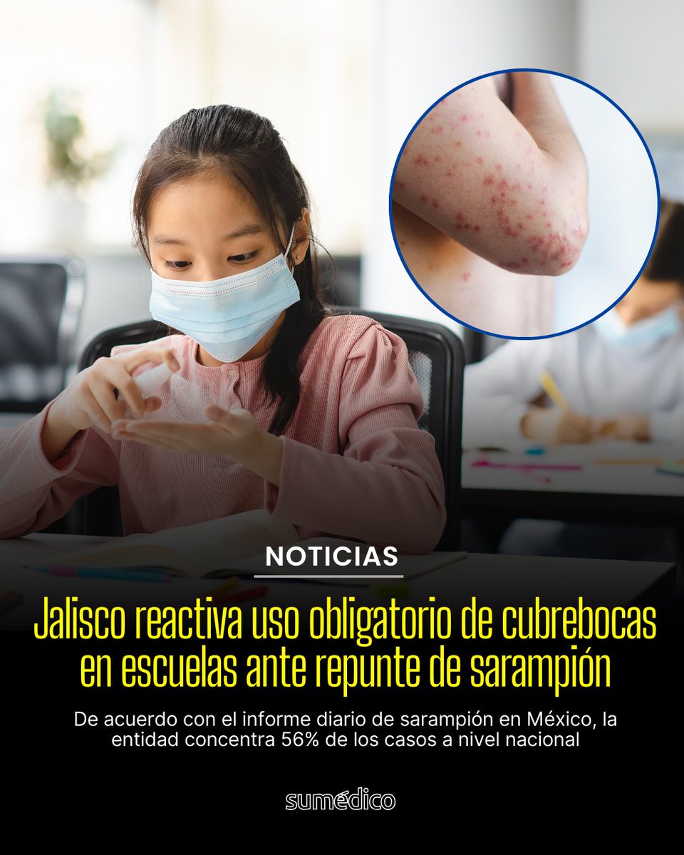 🚨 Jalisco reactiva el uso obligatorio de cubrebocas en escuelas 🚨

Ante el repunte de sarampión, los municipios con mayor transmisión, como Guadalajara, Zapopan y Tlaquepaque, implementan esta medida preventiva 😷🏫

✅ Alumnos y personal deberán usar cubrebocas de manera
