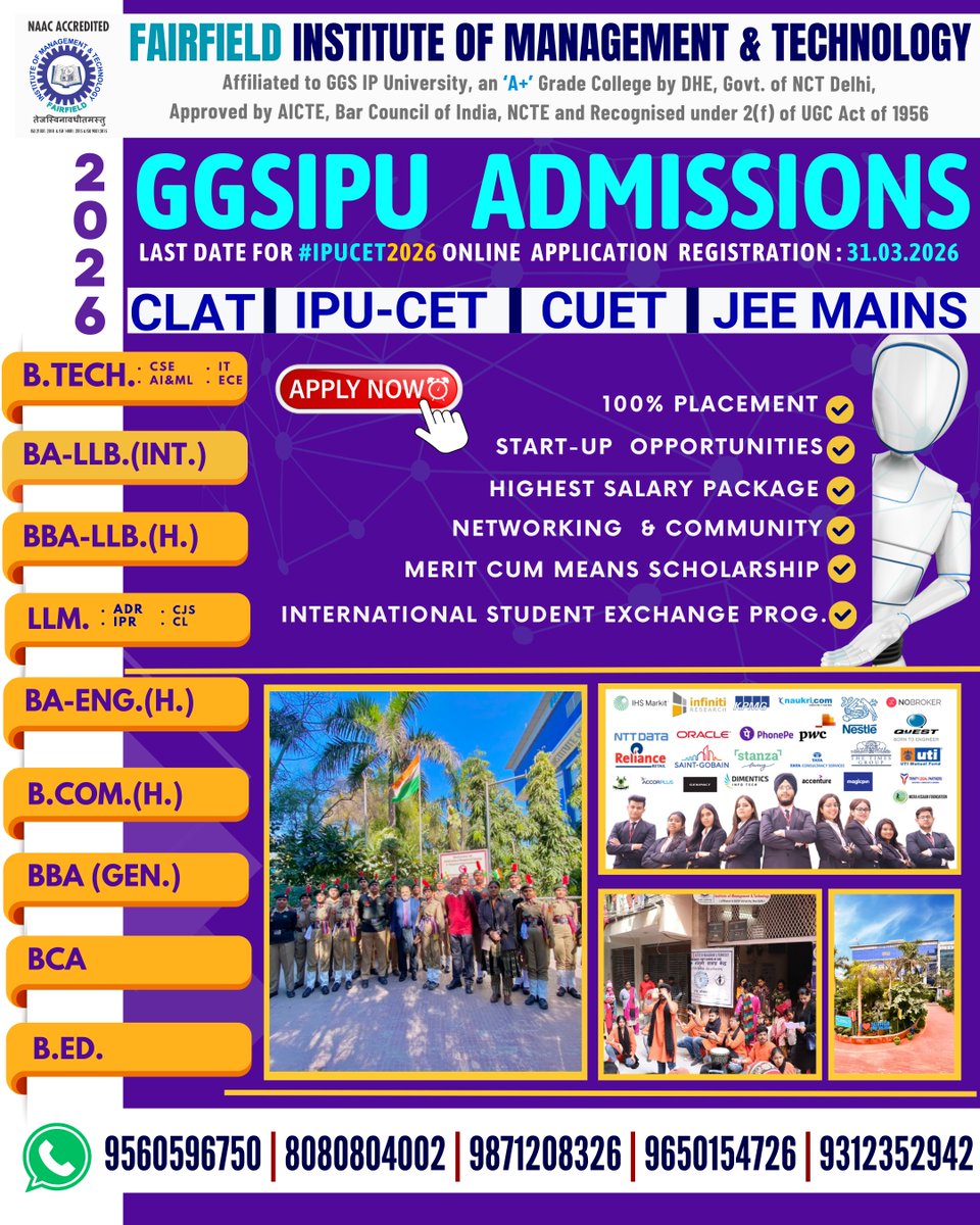 FIMTDELHI's tweet photo. Shape Tomorrow with Confidence
📅 Last Date to Apply:
🗓️ IPU-CET: 31st March 2026
📞 9560596750 | 8080804002 | 9871208326 | 9650154726 | 9312352942
👉https://t.co/QeB5jVdvDW

#FIMTAdmissions2026 #GGSIPU #CUET2026 #IPUCET #ChooseFIMT https://t.co/W83MbydLoS
