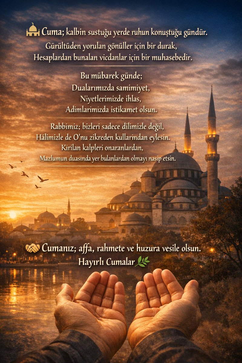 🕌 Cuma; kalbin sustuğu yerde ruhun konuştuğu gündür.
Gürültüden yorulan gönüller için bir durak,
Hesaplardan bunalan vicdanlar için bir muhasebedir.
Bu mübarek günde;
Dualarımızda samimiyet,
Niyetlerimizde ihlas,
Adımlarımızda istikamet olsun.
Rabbimiz; bizleri sadece dilimizle
