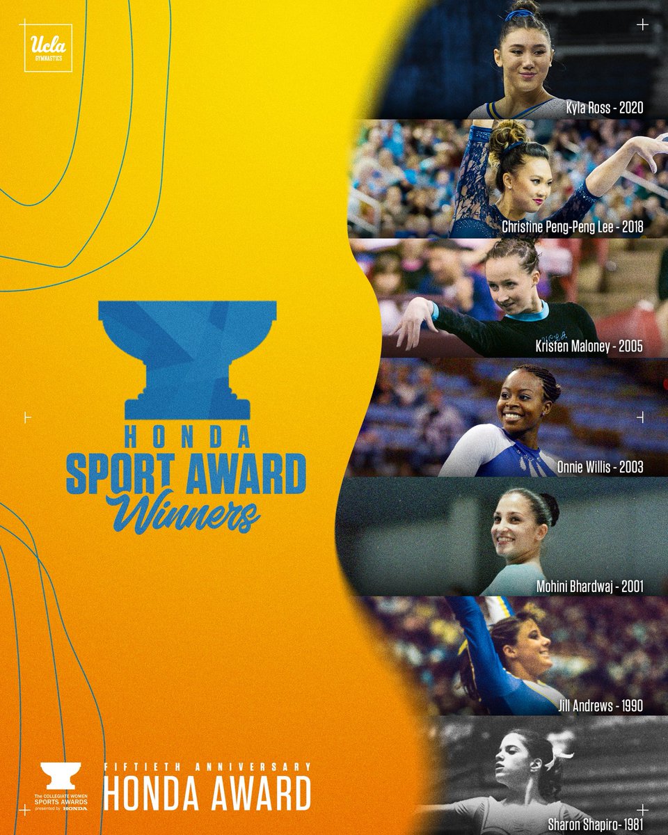 uclagymnastics's tweet image. Over the last 50 years, 7 Bruins have won the Honda Sport Award for gymnastics! These women were honored as the #BestOfTheBest in the sport.

@uclaathletics will honor all UCLA Honda Sport Award and @CWSA_HondaCup winners at our Feb. 14 meet vs. Michigan. 

#GoBruins | #CWSA50