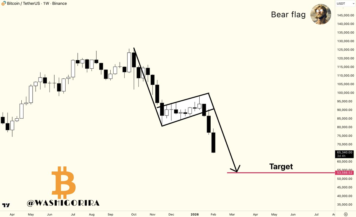 Washigorira's tweet photo. #Bitcoin Bear flag target ahead. 

Those who respected the cycle will reload soon.
Supercycle believers will be left watching. https://t.co/gFtdTMjgsj