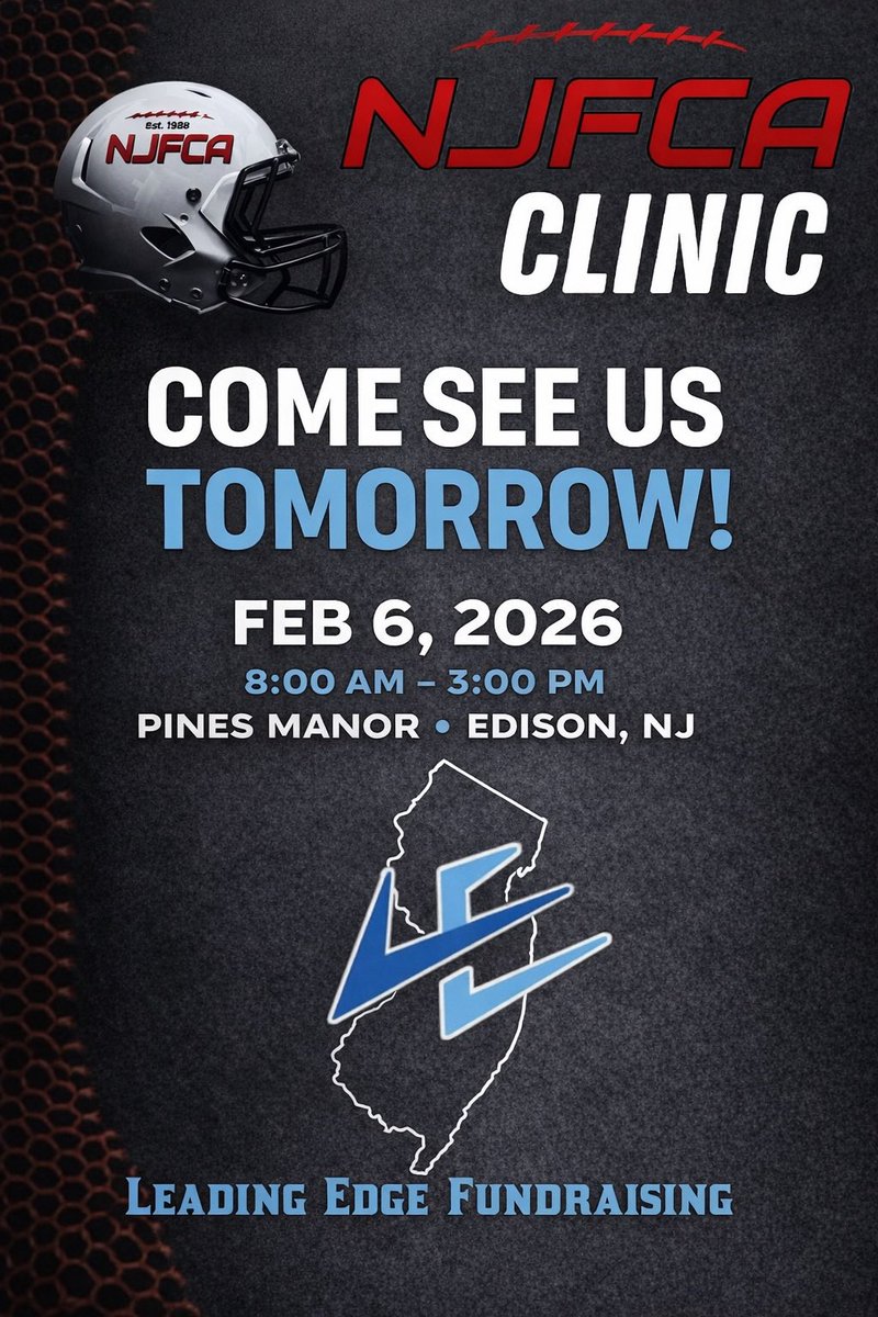 LE_JerseyShore's tweet photo. We’ll be at the @NJFCA Coaches Clinic tomorrow! 🏈
Stop by the Leading Edge Fundraising table to learn how we help programs raise more in less time ⏰ 💰
Looking forward to connecting with coaches from across the state!
#FastEasyProven ⚡️ https://t.co/21nrOGrTpv