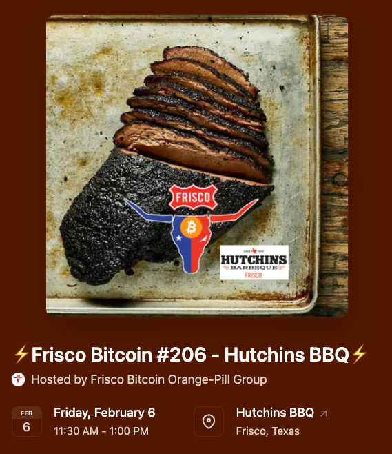 FriscoBitcoin's tweet photo. Are you buying the dip?  Let's discuss over BBQ lunch.

⚡️ Frisco #Bitcoin Lunch #206⚡️
⏲️ Friday (2/6) 11:30am - 1:15pm
🥩 Hutchins BBQ (Preston Rd, Frisco)
RSVP at: https://t.co/BfBI6BGX10 https://t.co/c767O7U6Ej