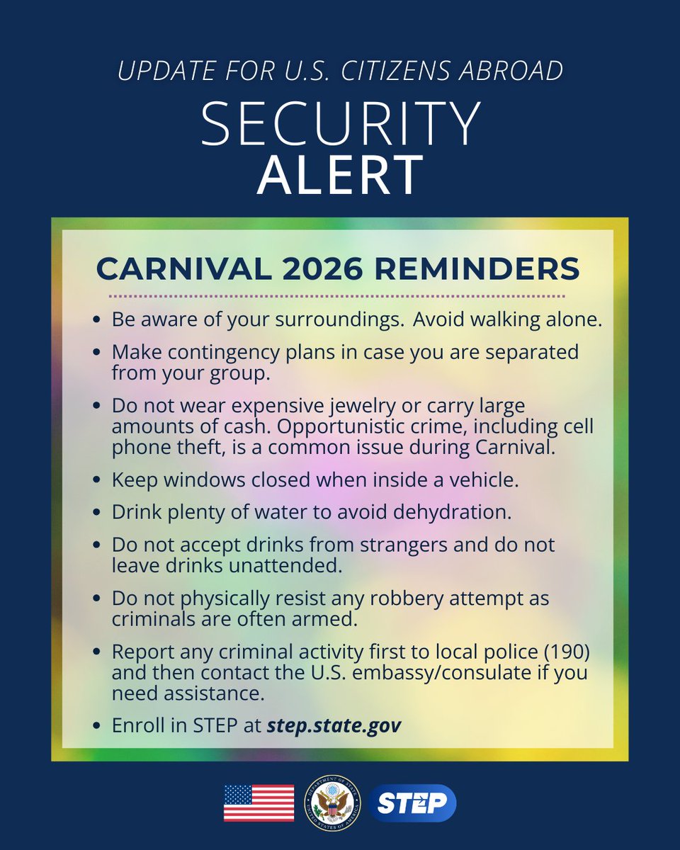 EmbaixadaEUA's tweet image. Brazil: The annual Carnival celebration will take place between Saturday, February 14 and Wednesday, February 18. While the most famous events occur in Rio de Janeiro, Salvador, and Recife, you can expect to see large gatherings and parades, also known as “blocos,” throughout…