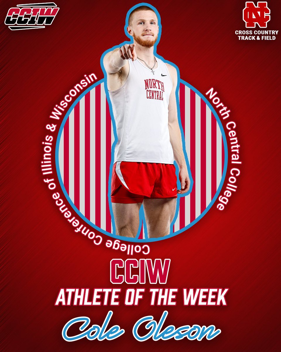 NCCMensXCTF's tweet photo. SWEEPIN’ THE TRACK (and field ;)) 

Cole Oleson and BJ Sorg SWEEP the CCIW Athlete of the Week Awards!

This is Sorg’s 5th total CCIW award, toping 4 Cross Country honors.

Oleson’s mark of 2.06m earns him his second weekly honor.

#31Stripes https://t.co/fhscFSXuKv