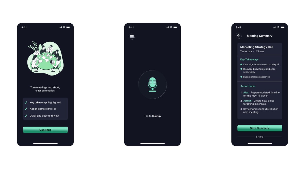 Folarin1030's tweet photo. Designed a dark-mode mobile app that uses AI to automatically summarize meetings into key takeaways and action items.

SumUp AI — making meetings easier to understand.

#UIUXDesign #projectdesign #UIDesign #UXDesign #UXResearch https://t.co/XNiLddZBz1