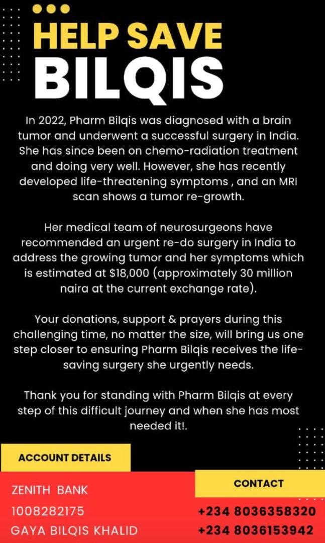 Our dear Friend and sister had been battling brain tumor since 2022. During that time she had undergone 2 successful brain surgeries and unfortunately her battle is yet to be over as it has relapsed again. DON GIRMAN ALLAH accord her with any assistance. Allah ya rangwanta mata🙏🏾