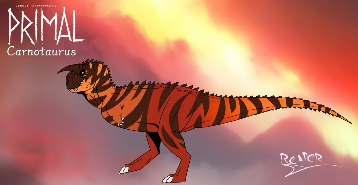 Wanted to try Primal's art-style, so here's a Carnotaurus!
(I might or not might not make sounds + a drawing with perspective of this thing)