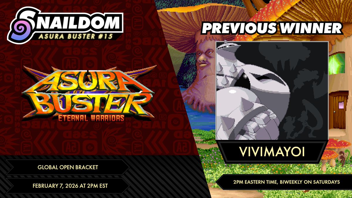 Registration is now live for Snaildom Asura Buster #15!!

Come play the Alice-est fighting game of all time..? Who wrote this?
Anyhow... 2pm EST, this Saturday! Join up!

Sign-ups ➡ asura.snaildom.com