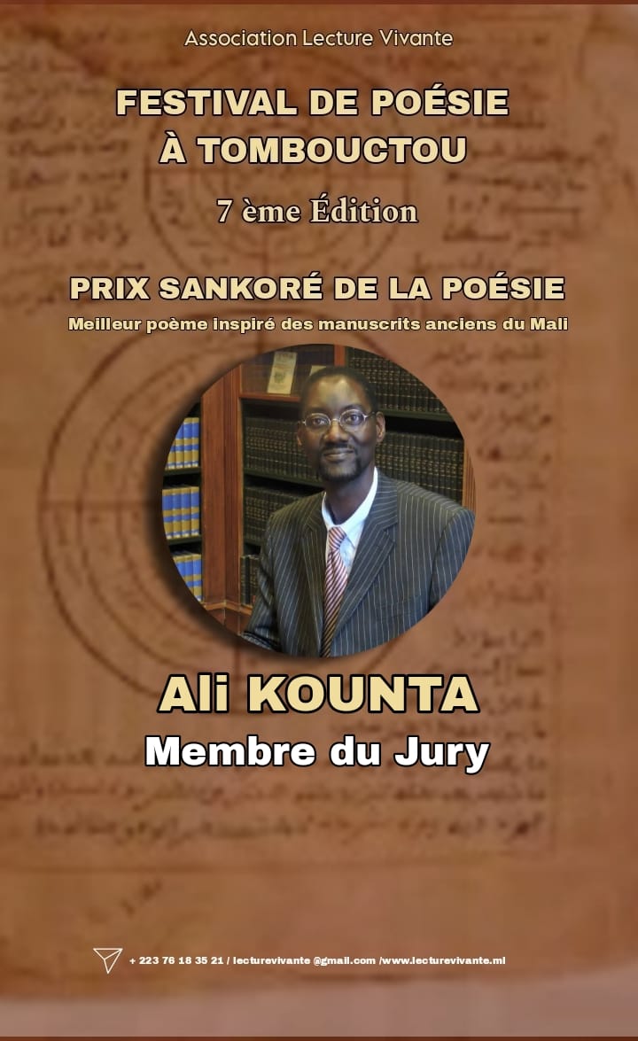 Lecture_Vivante's tweet photo. LE PRIX SANKORÉ POUR LA POÉSIE !
Ali Kounta, membre du jury !

Rendez-vous du 21 au 25 mars 2026 à Tombouctou. https://t.co/x1b9kLsLs5