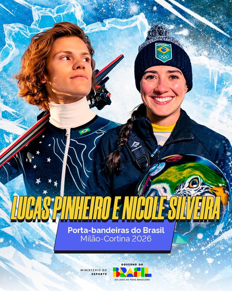 EsporteGovBR's tweet photo. Atenção para os porta-bandeiras do Brasil! 🇧🇷

Lucas Pinheiro Braathen, do esqui alpino, e Nicole Silveira, do skeleton, atleta do Bolsa Pódio, foram escolhidos para representar o país na cerimônia de abertura dos Jogos Olímpicos de Inverno de Milão-Cortina 2026. ⛷️❄️

#MESP https://t.co/8C5ZkcZzxu