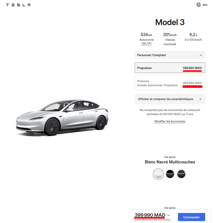 MoroccoIntel's tweet photo. 🇲🇦| La Tesla Model 3 est disponible à partir de 399,900 DH soit 36,988 € | 43,610 $. https://t.co/hQedwRfIi0