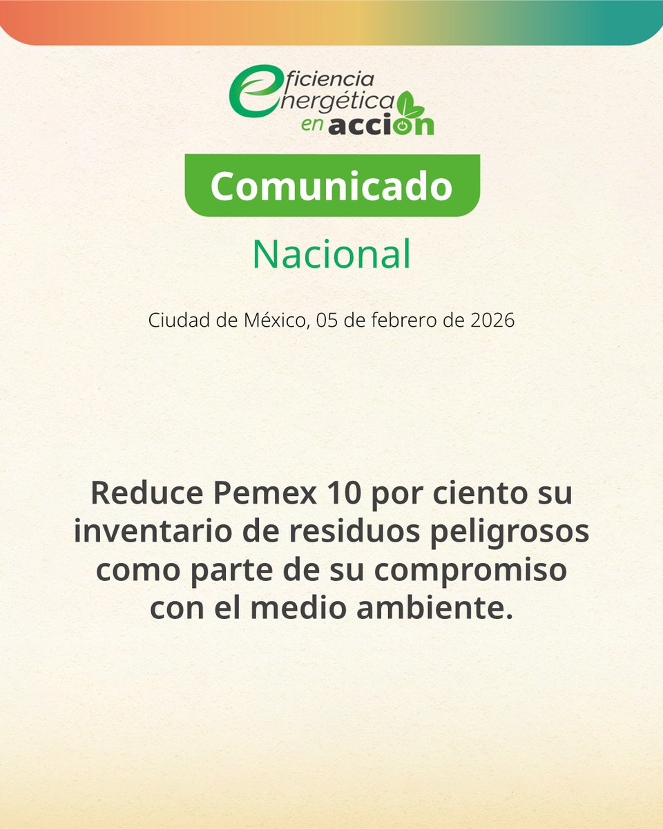 📍Reduce Pemex 10 por ciento su inventario de residuos peligrosos como parte de su compromiso con el medio ambiente.

Comunicado nacional: pemex.com/saladeprensa/b…

#PemexSostenible