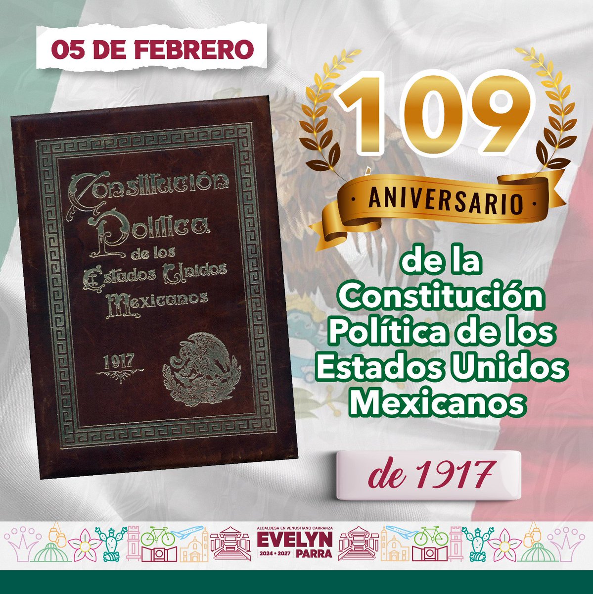evelyn_parraA's tweet photo. Hoy recordamos el 109 aniversario de nuestra Constitución Política de 1917, un legado que garantiza derechos, justicia social y fortalece la vida democrática de México. Sigamos honrando sus principios trabajando por el bienestar de todas y todos
#ConstituciónMexicana #05DeFebrero https://t.co/p1EZHAmL4t