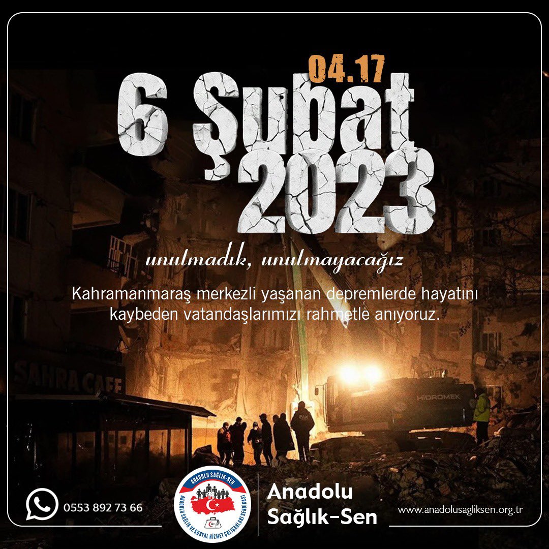anadolusaglikgm's tweet photo. ◾️6 Şubat depremlerinin 3. yılında hayatını kaybeden vatandaşlarımızı rahmetle anıyor, yakınlarına sabır;
◾️Yaralanan vatandaşlarımıza acil şifalar diliyoruz.
◾️Yaşanan acıyı unutmadık,unutmayacağız dayanışma ve sorumluluk bilinciyle çalışmaya devam edeceğiz.
ANADOLU SAĞLIK SEN 
#anadolusağlıksen #6subat2023 #Kahramanmaraş #Gaziantep #Adıyaman #Hatay #Osmaniye