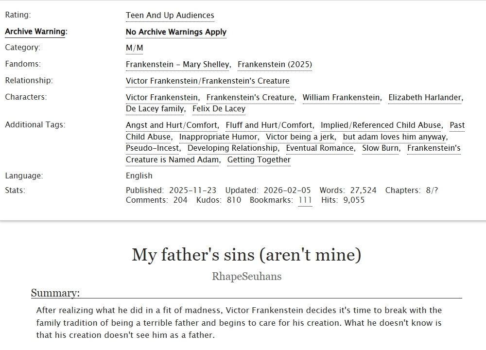 [#vicreature] Victor Frankenstein decides it's time to break with the family tradition of being a terrible father and begins to care for his creation. What he doesn't know is that his creation doesn't see him as a father💖Ch8  

Ao3: archiveofourown.org/works/74663636…