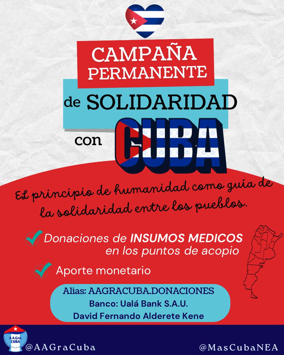AAGraCUBA's tweet photo. Desde @AAGraCUBA convencidos que el principio de humanidad es nuestra guía en el desarrollo de la solidaridad entre los pueblos, junto a la *Coordinadora de Solidaridad con Cuba del NEA *, nos sumamos a la juntada solidaria de insumos médicos. 
#SiempreConCuba https://t.co/TrptfoXYLg
