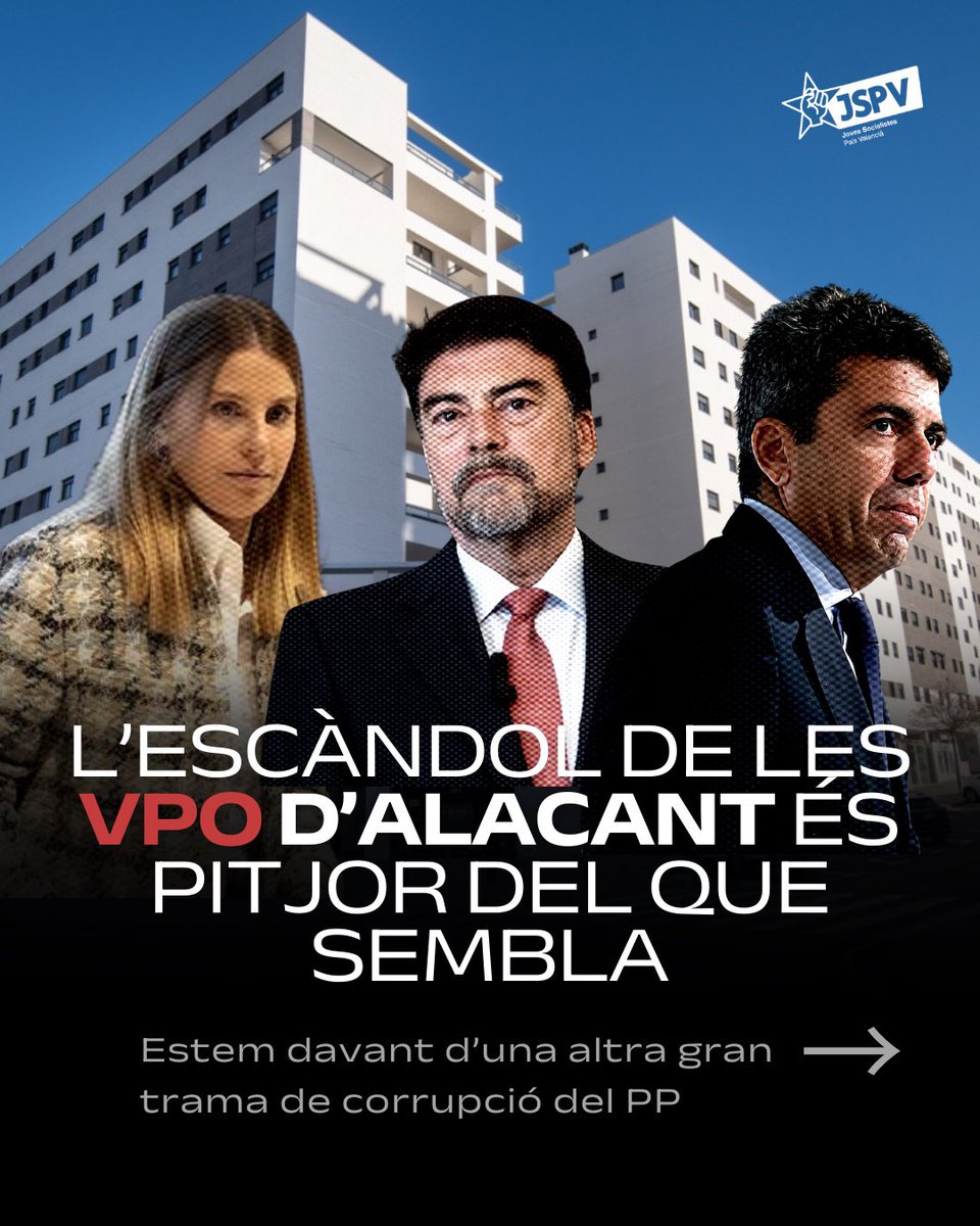 JoveSocialistes's tweet photo. ‼️ Prometien pisos assequibles.
El que hi havia darrere: favors i corrupció.

#VPO #vivenda #corrupció #PP https://t.co/MhO2uKfs5d
