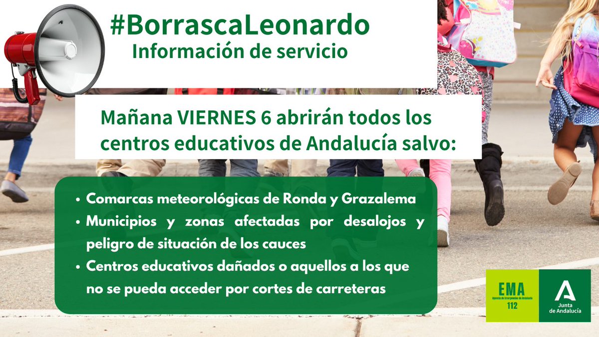 #InfoServicio 

Mañana VIERNES 6 se reanuda la actividad educativa en toda #Andalucía salvo:
✅ en las comarcas de #Ronda y #Grazalema 
✅ en zonas desalojadas o afectadas por la crecida de cauces 
✅ con infraestructuras dañadas o inaccesibles por carretera