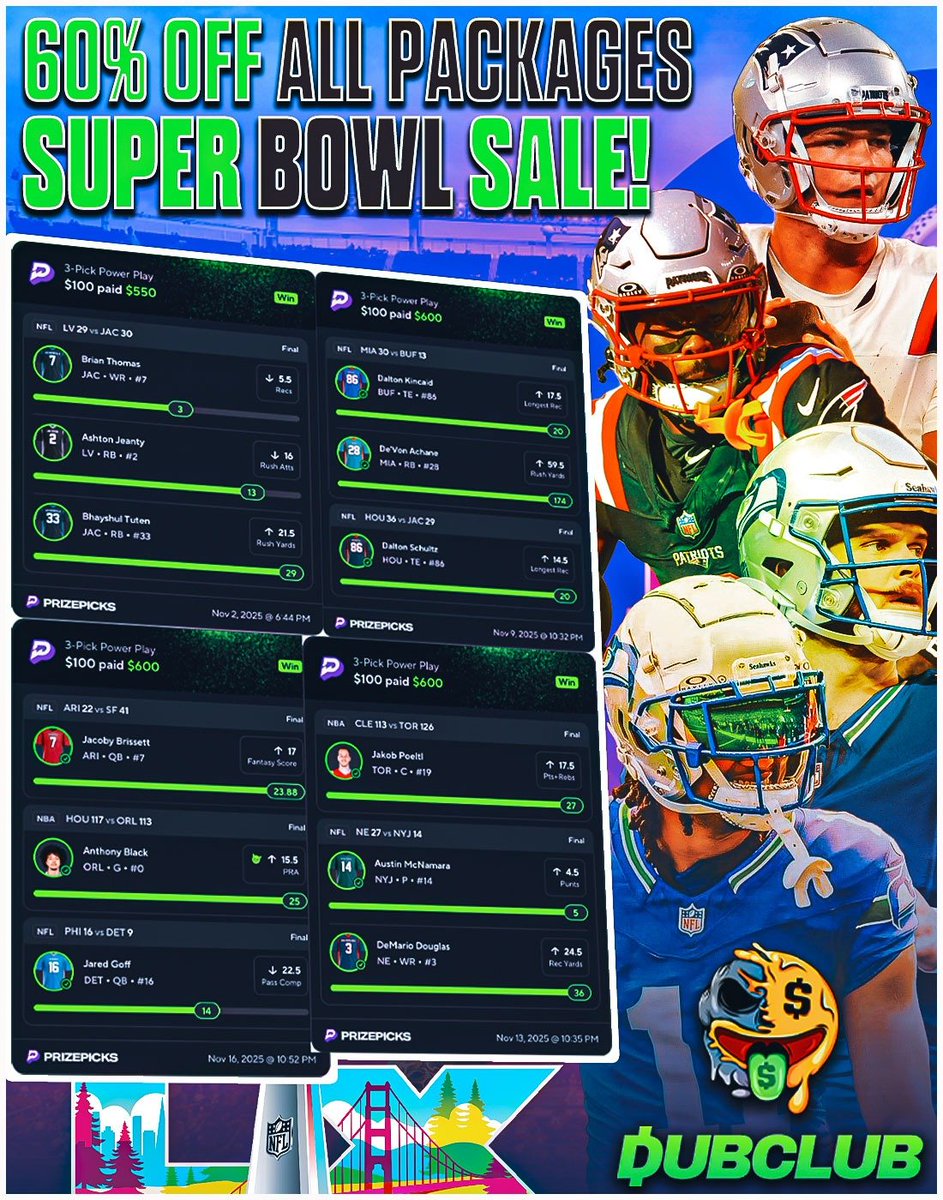 CushPlayerProps's tweet photo. 🚨Super Bowl Sale!!🚨

If you’ve been tailing all my plays over the last 6 months as a $100 unit bettor, you would be up $23,167.00!🤯💰✅

To Celebrate #SuperBowlLX  I'm dropping a MASSIVE 60% OFF discount on ALL Premium Packages💎‼️

‼️MEGA SALE JOIN THE DISCORD👇
https://t.co/Dw0KWI8p20

If you aren't in premium, I don't know what to tell you. One of the most INSANE heaters of my life!🔥