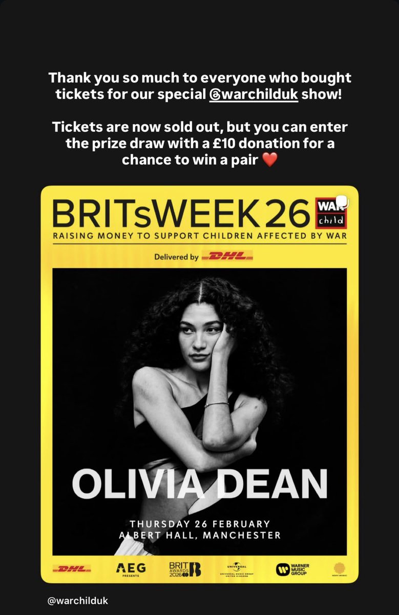 Olivia Dean via her Instagram story!

“Thank you so much to everyone who bought tickets for our special @warchilduk show!”

“Tickets are now sold out, but you can enter the prize draw with a £10 donation for a chance to win a pair❤️”
Enter via this link!: crowdfunder.co.uk/p/olivia-dean-…