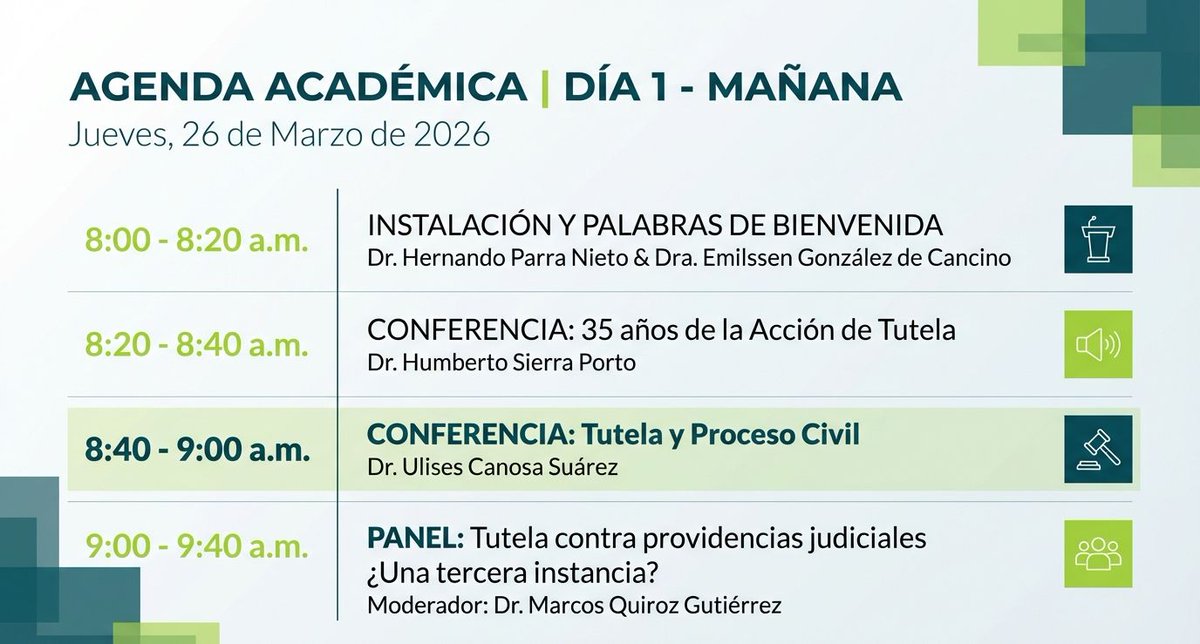 ProcesalUEC's tweet photo. 🏛️ Tutela y Proceso Civil

🗣️ Conferencia del Dr. Ulises Canosa Suárez
📅 26 de marzo | ⏰ 8:40 a.m.
🎓 VII Jornadas de Derecho Procesal Civil

🎟️ Pronto pago hasta el 10 de marzo
🔗 https://t.co/EaDNf69vyk…

#DerechoProcesal #Tutela #ProcesoCivil #Academia #UExternado #abogados https://t.co/8cj1kZDzXm